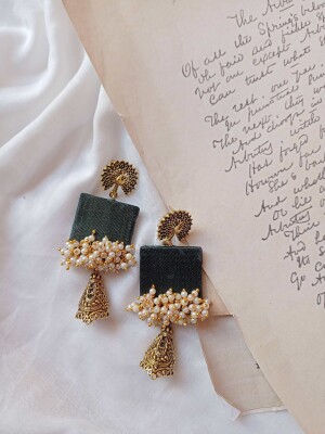 Rainvas Dark Green beaded long jhumka earrings