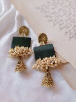 Rainvas Dark Green beaded long jhumka earrings