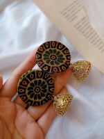 Rainvas Dark Green printed earrings with golden bottom