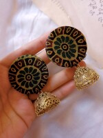 Rainvas Dark Green printed earrings with golden bottom