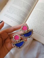 Rainvas Pink and blue kundan fabric earrings