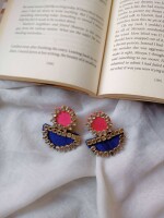 Rainvas Pink and blue kundan fabric earrings