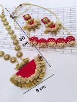 Red kundan and golden pearls beads necklace choker earrings set