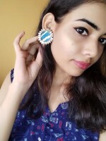 Rainvas Blue printed fabric kundan studs earrings