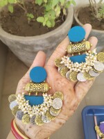 Rainvas Sea green silver and golden jhumka earrings