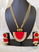 Rainvas Red complete kundan and beads necklace earrings set