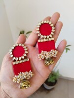 Rainvas Red rectangular beaded kundan jhumka