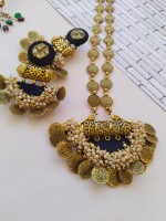 Rainvas Navy blue golden coins traditional necklace earrings set