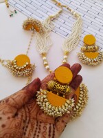 Rainvas Bright yellow and golden necklace earrings bracelet tika set