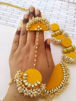 Rainvas Bright yellow and golden necklace earrings bracelet tika set