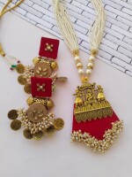 Rainvas Red and golden fabric kundan necklace earrings set