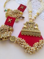 Rainvas Red and golden fabric kundan necklace earrings set