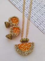 Rainvas yellow orange patola print ghantanmala beaded neclace and earrings set