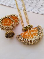 Rainvas yellow orange patola print ghantanmala beaded neclace and earrings set