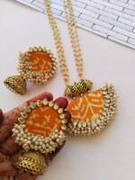 Rainvas yellow orange patola print ghantanmala beaded neclace and earrings set