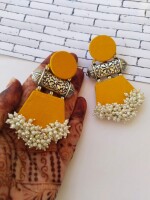 Rainvas Yellow and silver beaded long jhumka earrings