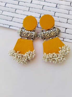 Rainvas Yellow and silver beaded long jhumka earrings