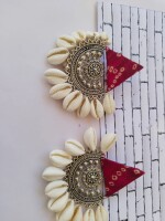 Rainvas Red printed fabric earrings with shells