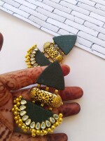 Rainvas Bottle green and golden beaded earrings