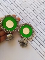 Rainvas Green mirror oxidized silver jhumkas