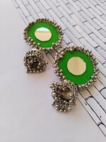 Rainvas Green mirror oxidized silver jhumkas