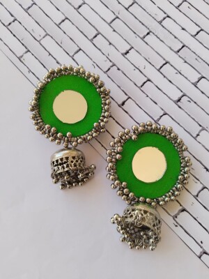 Rainvas Green mirror oxidized silver jhumkas