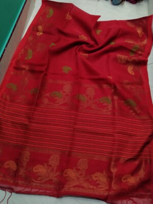 Maroon, Linen Handloom jamdani saree