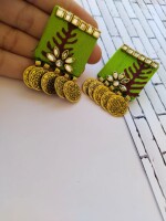 Rainvas Lime green fabric golden coin studs earrings