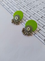 Rainvas Lime green flower silver ghungroo studs earrings