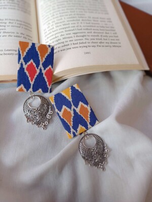 Rainvas Blue printed rectangular fabric earrings