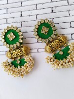 Rainvas Green with golden beads and pearls traditional earrings