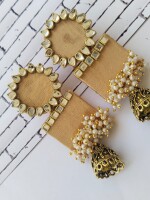 Rainvas Rectangular jhumka with kundan and pearls Ivory