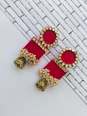 Rainvas Red rectangular beaded kundan jhumka