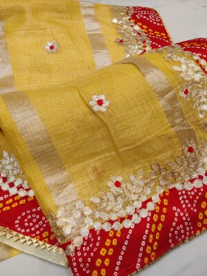 Soft Cotton,Traditional  wear saree with Gota work all over plus Designer Bandhej Lace