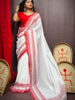 Pure cotton Handloom,Red &White Durga puja Saree