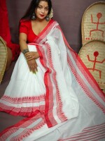 Pure cotton Handloom,Red &White Durga puja Saree