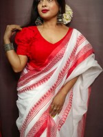 Pure cotton Handloom,Red &White Durga puja Saree