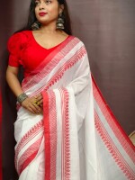 Pure cotton Handloom,Red &White Durga puja Saree