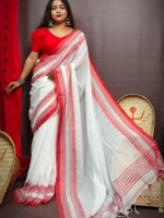 Pure cotton Handloom,Red &White Durga puja Saree