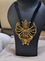 Thread necklace with oxidised golden durga pendant Necklace