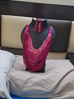 Exclusive, multilayered, handmade thread necklace with shades of pink