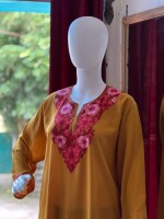 Kashmiri embroidered semi long georgette kurti-top in mustard colour