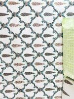 King size,White and Green Jaal Block Printed Cotton Bedsheet 108x108 Inches