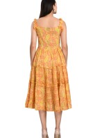 Sleeveless, Square- neck, Pattern: Umbrella, Orange Floral Frill Dress