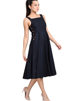 Solid, Blue, sleeveless Linen Wood Button Dress, umbrella fit