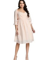 Cotton, Peach TIE UP HAKOBA DRESS - 3 IN, puff sleeves, Fit: Flare