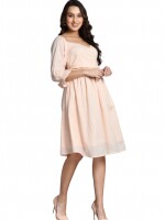 Cotton, Peach TIE UP HAKOBA DRESS - 3 IN, puff sleeves, Fit: Flare