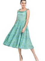 Mul Cotton,Sleeveless, Floral Turquoise Dress, Pattern: Umbrella