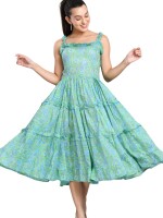 Mul Cotton,Sleeveless, Floral Turquoise Dress, Pattern: Umbrella