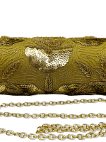 Gold Dosa Clutch,Crafted from luxurious cotton silk, it exudes refinement with intricate embroidery and a detachable chain strap for versatility.